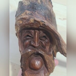 Vintage Hand-Carved Wooden Mountain Man Face Sculpture, Sugned Wells S